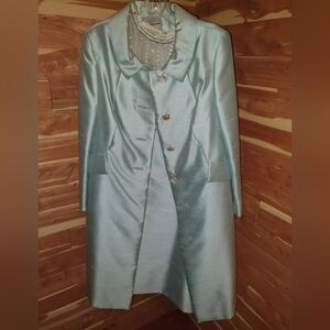 Vintage 60s Elegant Women's Seafoam Two-Piece Satin Coat And Beaded Dress